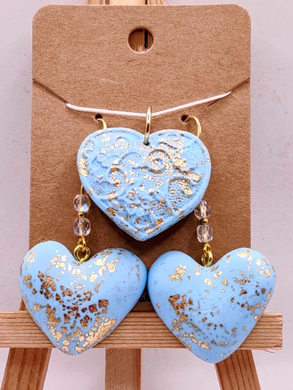 Blue with Gold Foil Polymer Clay Earrings Pendant Set